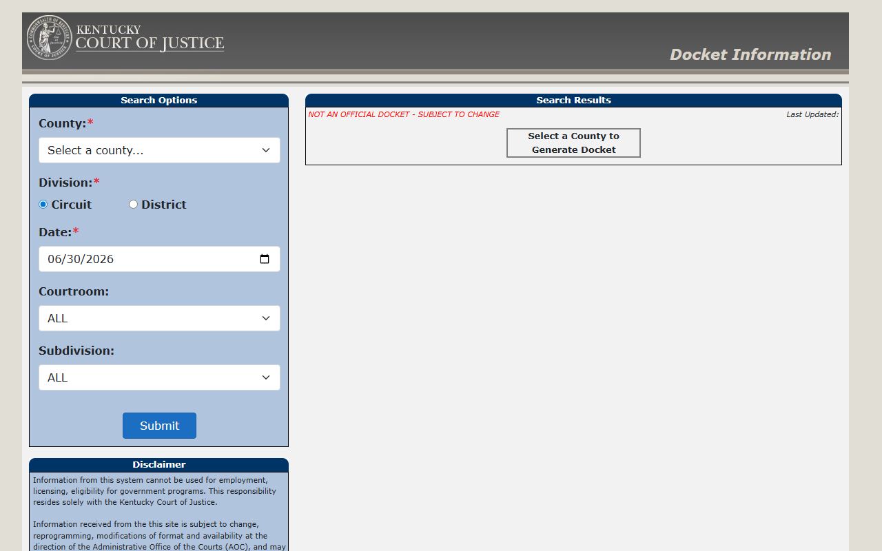 Lyon County court docket search through Kentucky trial court dockets