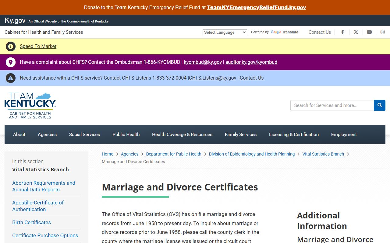 Lyon County marriage and divorce records certificate request page